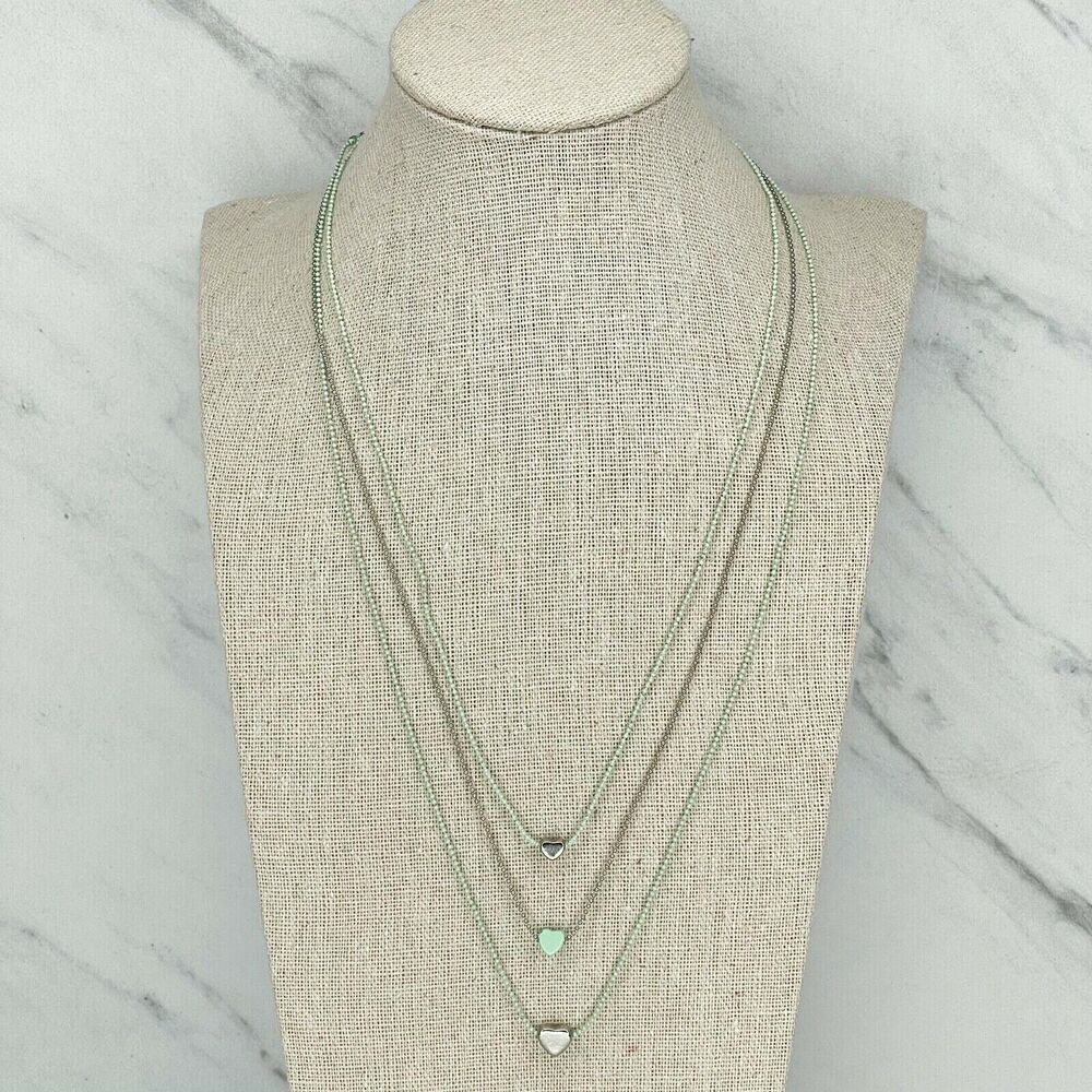 Silver Tone and Mint Skinny Dainty Triple Strand Heart Necklace